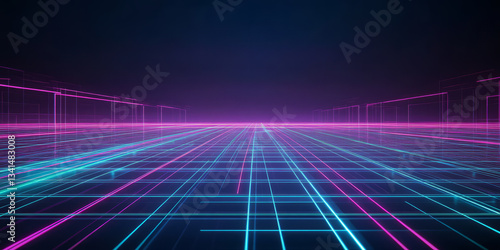 Obraz na płótnie A futuristic 3D background with a maze-like grid of glowing neon lines stretching into the distance. The deep black floor reflects the vibrant blue and purple lights, creating a high-tech, w salonie