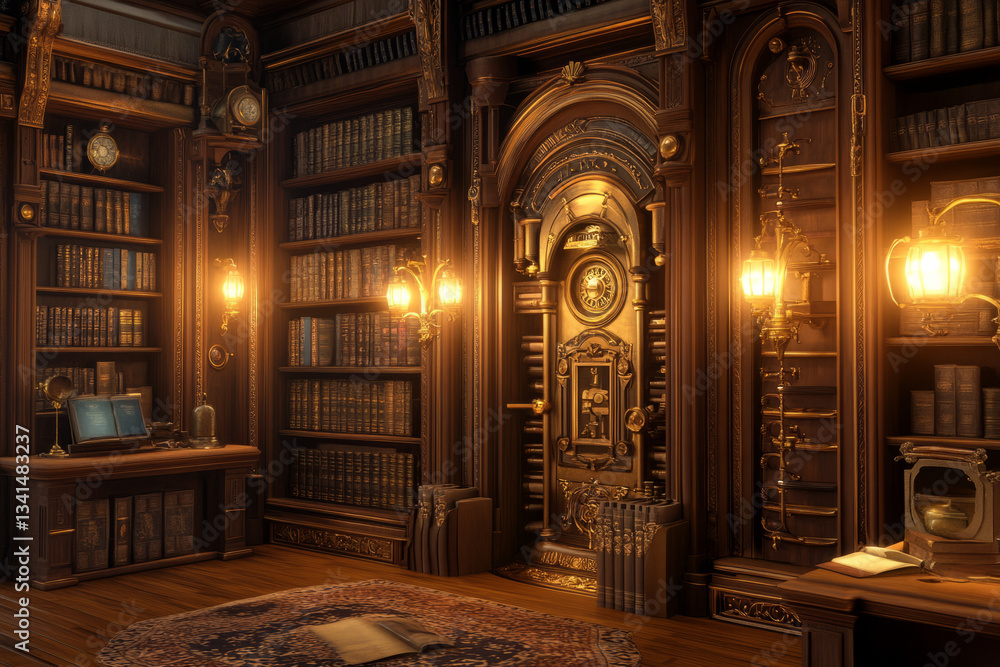 A steampunk-inspired library 3D background room with brass bookcases, leather-bound tomes, and intricate clockwork mechanisms embedded in the walls. Soft, warm lighting from vintage gas lamps creates