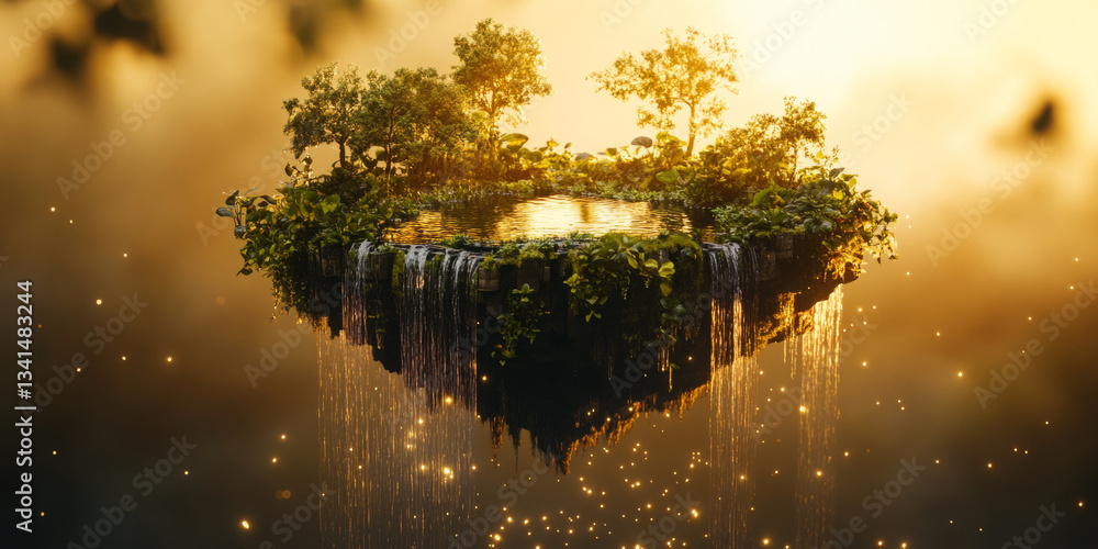 A surreal 3D background depicting a floating island with lush greenery, waterfalls cascading into the void below, and soft golden light illuminating the scene. The dreamlike setting evokes a