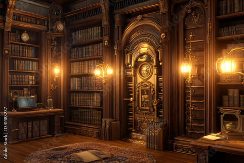Obraz na płótnie A steampunk-inspired library 3D background room with brass bookcases, leather-bound tomes, and intricate clockwork mechanisms embedded in the walls. Soft, warm lighting from vintage gas lamps creates w salonie