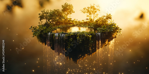 Obraz na płótnie A surreal 3D background depicting a floating island with lush greenery, waterfalls cascading into the void below, and soft golden light illuminating the scene. The dreamlike setting evokes a w salonie