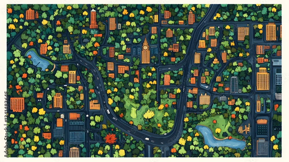 Fototapeta premium Creative city map with flat designed streets landmarks and parks colorful urban illustration