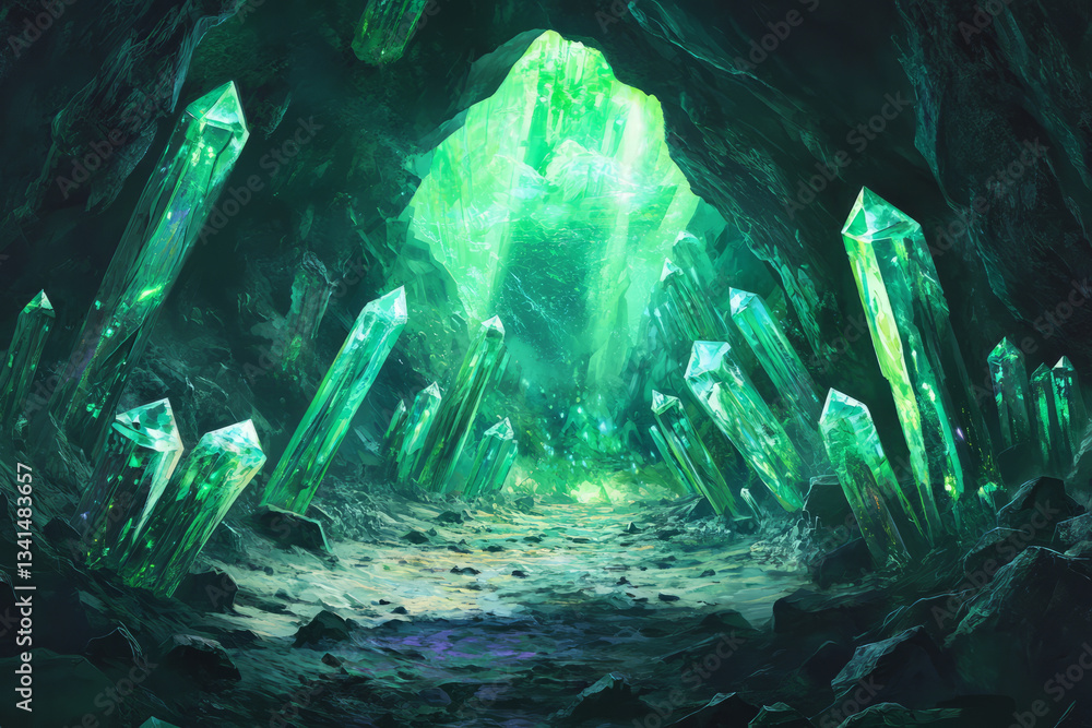 A glowing underground cavern with naturally formed hexagonal crystal structures. The ambient neon green and blue light radiating from the mineral formations creates a mystical sci-fi setting, blending