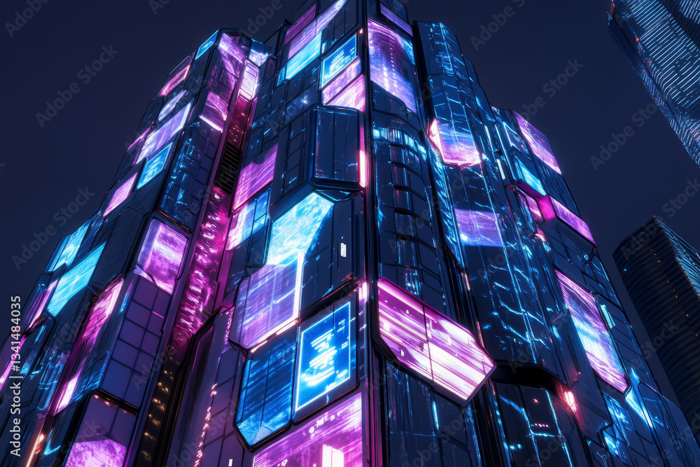 A cyberpunk-inspired high-rise building with an entire facade made from glowing hexagonal LED panels. The futuristic architecture changes dynamically, displaying advertisements, digital art, and