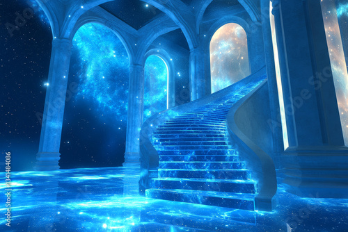 Obraz na płótnie A floating celestial temple 3D background room, suspended among the stars with glowing staircases leading to different levels. The floor is made of translucent crystal, reflecting cosmic nebulae, w salonie