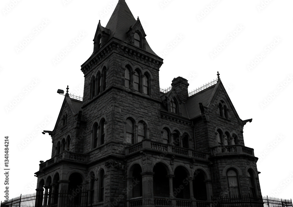 Obraz premium Majestic Stone Mansion Gothic Architecture Dark Grey Exterior Creepy House
