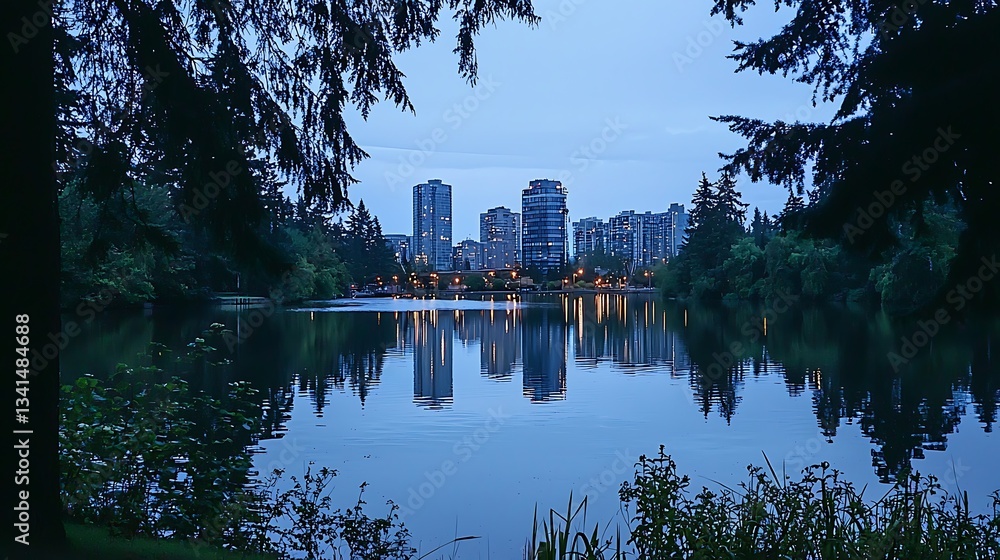 Obraz premium A city skyline is reflected in the water of a lake