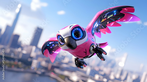 Pink Robotic Bird with Holographic Wings Flying over Cityscape