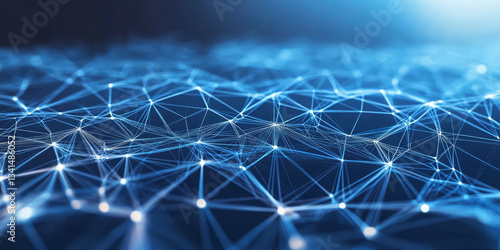 A futuristic 3D background featuring a sleek, holographic interface projected into the air, filled with glowing data points and interconnected lines. The high-tech aesthetic enhances the modern