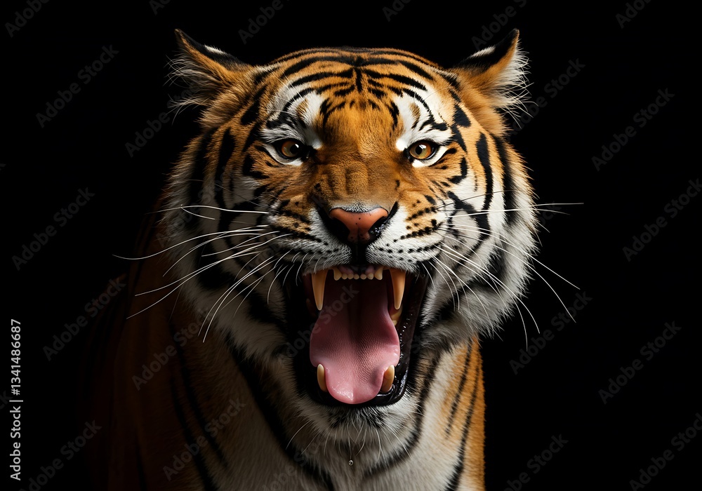 Fototapeta premium Fierce Tiger Portrait Against Black Background. Generative Ai