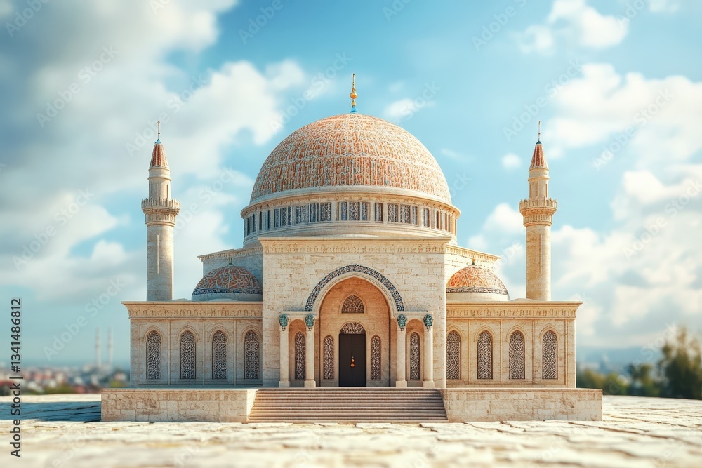 Obraz premium A beautifully designed mosque stands under a clear and sunny sky