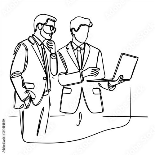 A continuous one-line drawing of coworkers standing and discussing work. One man is explaining a problem while gesturing towards a laptop