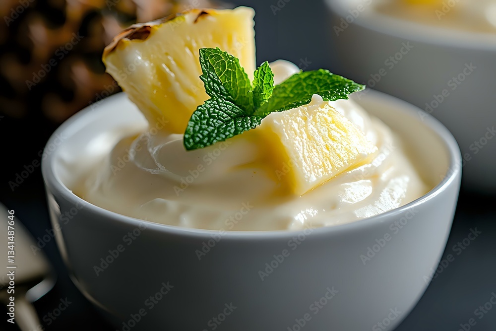 Creamy yogurt dessert topped with fresh pineapple chunks and mint leaves in white ceramic bowl, close-up view on dark background. Fresh healthy breakfast. Creamy yogurt dessert topped with fresh pineapple chunks and mint leaves in white ceramic bowl, close-up view on dark background. Fresh healthy breakfast.