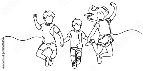 Happy jumping children holding hands. Continuous line drawing. Vector illustration on white background, Continuous line drawing of happy woman girl children dancing and jumping. Single one line.