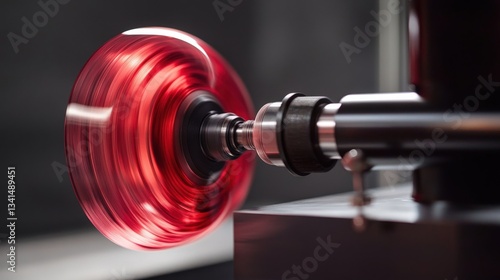 Obraz na płótnie Close-up of a spinning red glass disc being polished on a lathe. w salonie