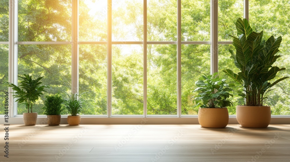A bright modern office setting featuring a large window with natural light streaming into the work environment