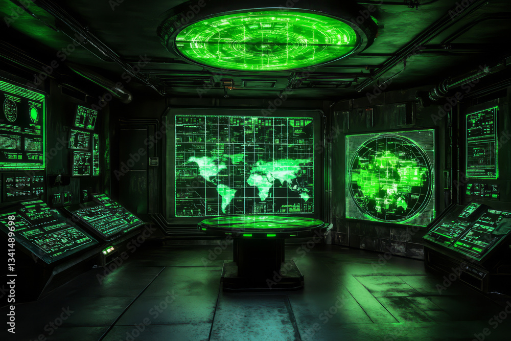 A sci-fi military command center 3D background room with an advanced holographic war table, massive LED tactical maps, and high-tech weaponry displays. The dark metallic walls contrast with the bright