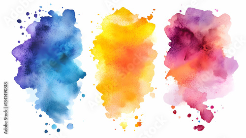 Three abstract watercolor washes with vibrant blends of blue, yellow, and pink.
