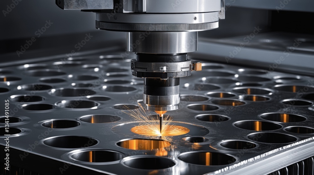 Close-up of CNC machine cutting metal sheet, sparks flying. Close-up of CNC machine cutting metal sheet, sparks flying.