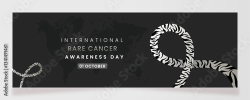 Beautiful Rare cancer awareness campaign banner with Zebra Colored ribbon symbols on gradient pastel light Grey background and space for text.