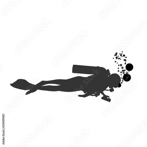 silhouette illustration of a diver with full equipment without background