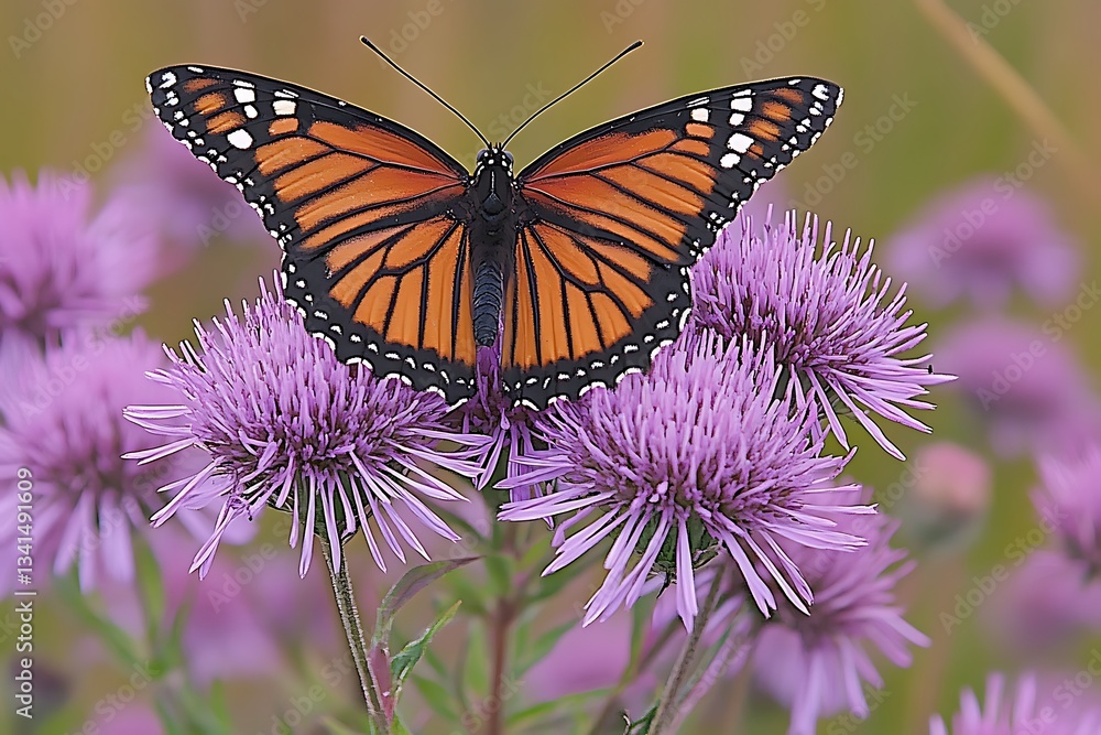 Fototapeta premium Butterfly on purple flower, natural wildlife background, beauty