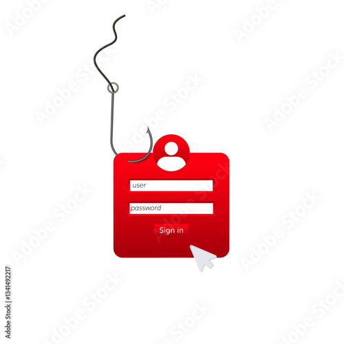 Login form on a fish hook symbolizing phishing attacks that trick users into providing sensitive data.