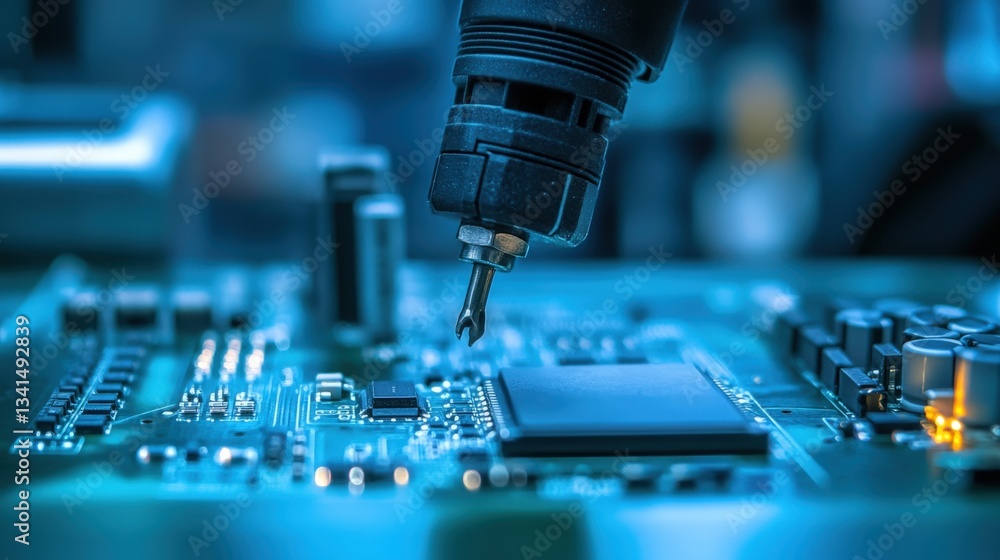 Close-up of robotic arm assembling circuit board. Close-up of robotic arm assembling circuit board.