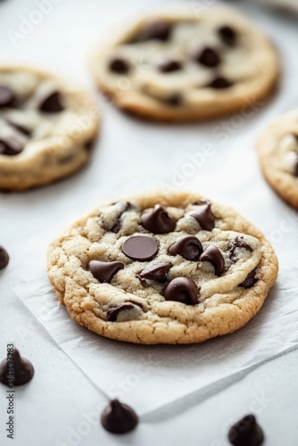 Close-up of three delicious chocolate chip cookies on a white surface.