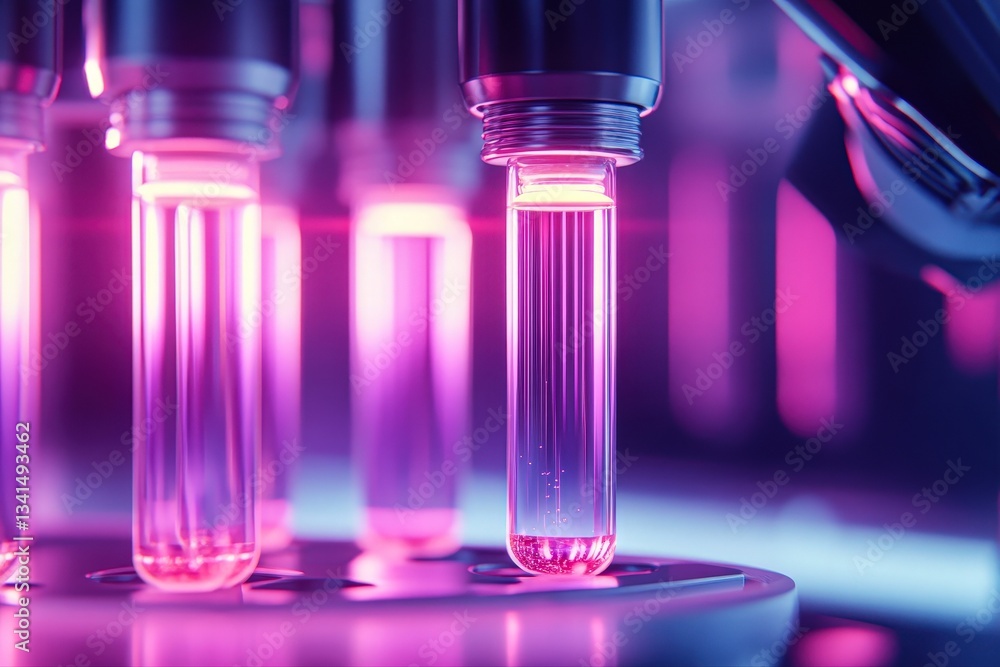 Glowing Test Tubes in a Laboratory Setting Amid Vibrant Colored Lighting Glowing Test Tubes in a Laboratory Setting Amid Vibrant Colored Lighting