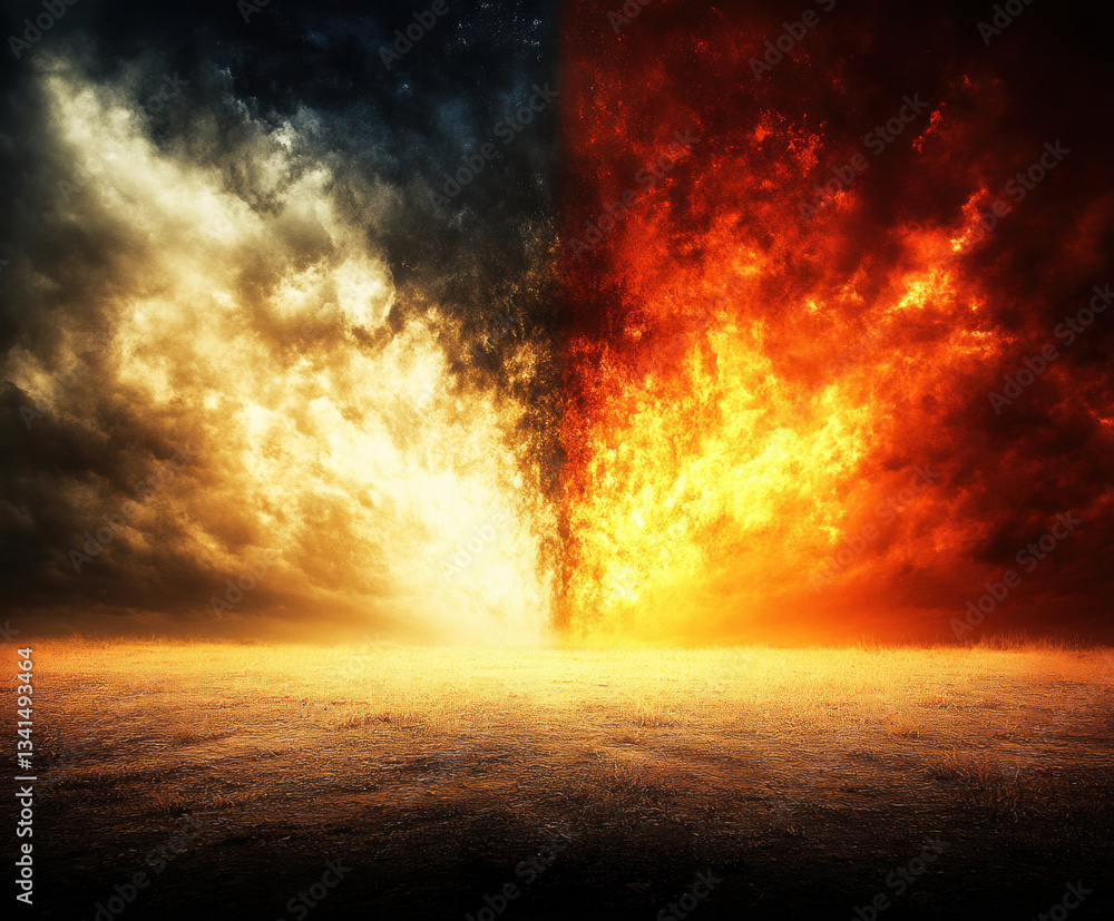 A striking image of a landscape divided between fire and darkness. The apocalyptic atmosphere highlights climate change effects, with a barren horizon and a stormy sky. A striking image of a landscape divided between fire and darkness. The apocalyptic atmosphere highlights climate change effects, with a barren horizon and a stormy sky.