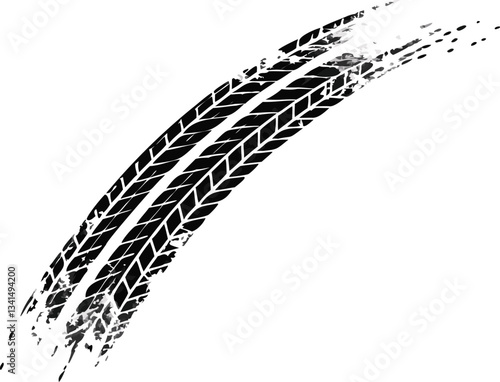 A graphic design featuring two tire tracks curving in opposite directions against a plain white background.