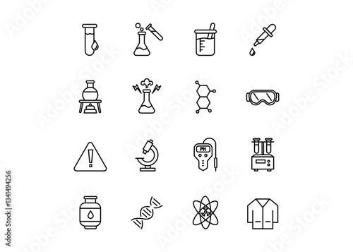 This is a set of icons for the Chemistry Lab. The icons include Test Tube, Beaker, Molecule Structure, Microscope Editable stroke. Vector illustration