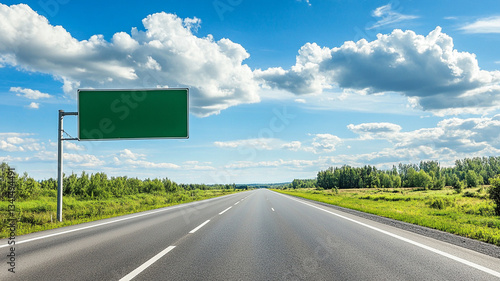A highway with an empty green sign board hanging on the side of it, a beautiful blue sky and clouds in the background
