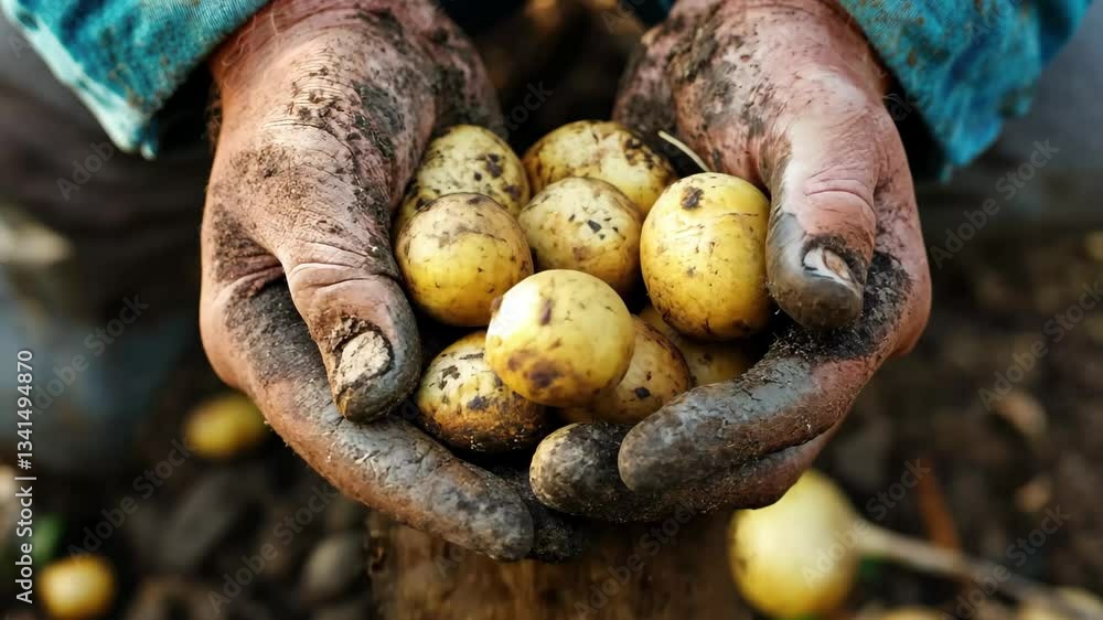 Farmer inspects freshly harvested potatoes with stained hands in rural field during autumn, Farmer inspects his crop of potatoes hands stained with earth Farmer inspects freshly harvested potatoes with stained hands in rural field during autumn, Farmer inspects his crop of potatoes hands stained with earth