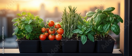 Vibrant window sill displaying a variety of freshly grown vegetables in a sustainable city garden