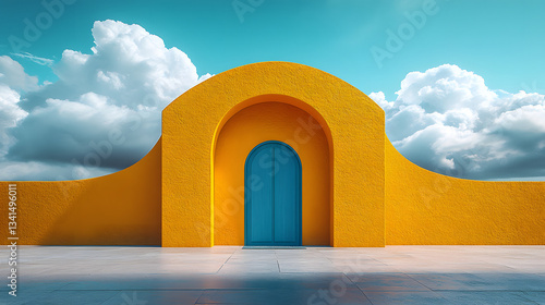 A blue door is in front of a yellow wall