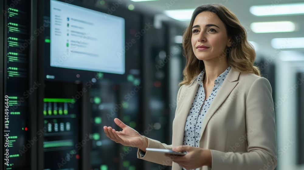 Fototapeta premium Leading Virtual Meeting: Middle Eastern Female IT Project Manager Presenting Digital Security Framework in Data Center