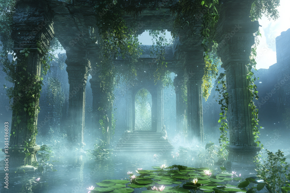 A mesmerizing floating garden temple 3D background room suspended in the sky, with ancient stone columns wrapped in hanging vines and glowing lotus ponds. Ethereal mist swirls around, adding a