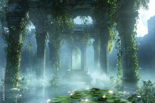 Obraz na płótnie A mesmerizing floating garden temple 3D background room suspended in the sky, with ancient stone columns wrapped in hanging vines and glowing lotus ponds. Ethereal mist swirls around, adding a w salonie