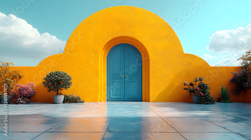 A blue door is in front of a yellow wall