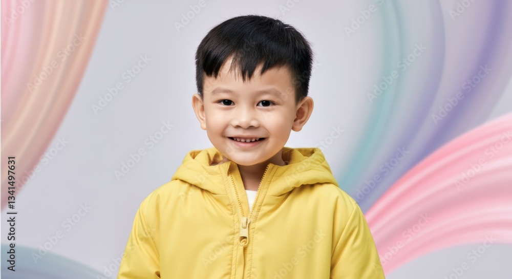 Smiling asian male child in yellow jacket against pastel background Smiling asian male child in yellow jacket against pastel background