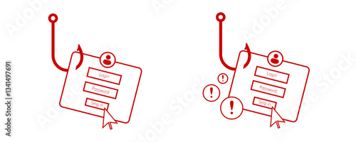 Illustration of phishing attack showing login form and hook emphasizes importance of cyber security.