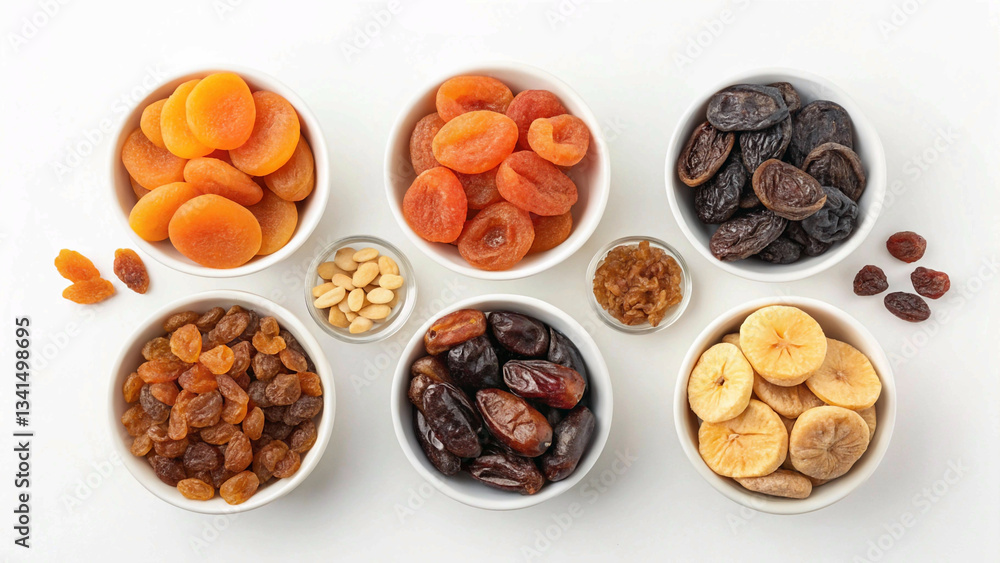 Dried Fruit Collection: Top-Down View of Apricots, Dates, Figs, Raisins, and Berries in Bowls Dried Fruit Collection: Top-Down View of Apricots, Dates, Figs, Raisins, and Berries in Bowls
