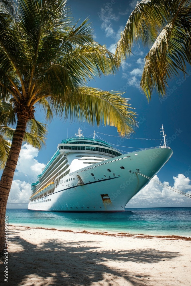 Fototapeta premium Luxurious Cruise Ship Docked at Tropical Beach Paradise