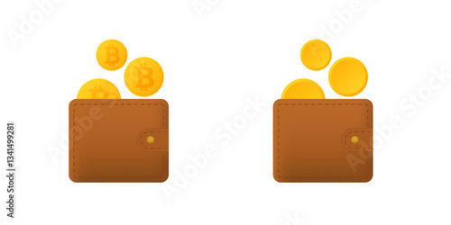A digital wallet containing bitcoin and regular coins shows the contrast between new and old currency.
