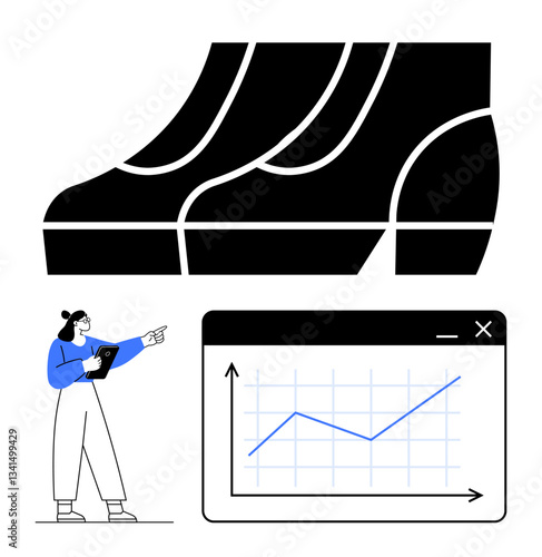 Person analyzing fluctuating growth chart, prominent curved graphs above for data trends. Ideal for finance, statistics, business growth, data science, forecasting, research, flat simple metaphor