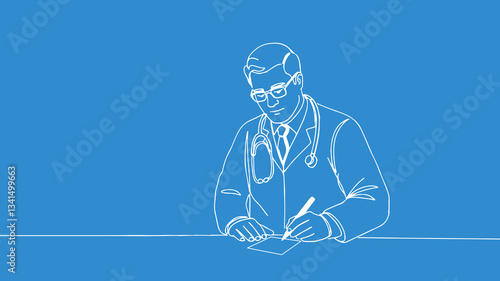 Doctor writes prescription medical record. Stethoscope suit glasses visible. Healthcare services patient consultation. Line art solid background vector illustration