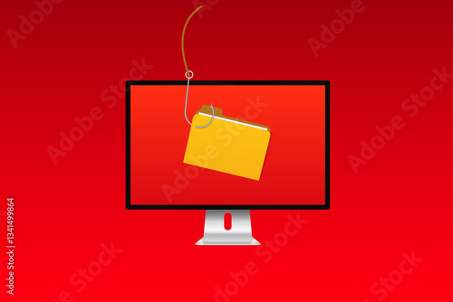 A file folder icon hangs from a hook over a computer screen, illustrating data security threats.