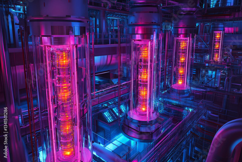 A sci-fi industrial power plant where massive hexagonal reactors pulse with bright glowing energy. The mechanical robotic arms, plasma energy cores, and neon-lit control panels enhance the high-tech